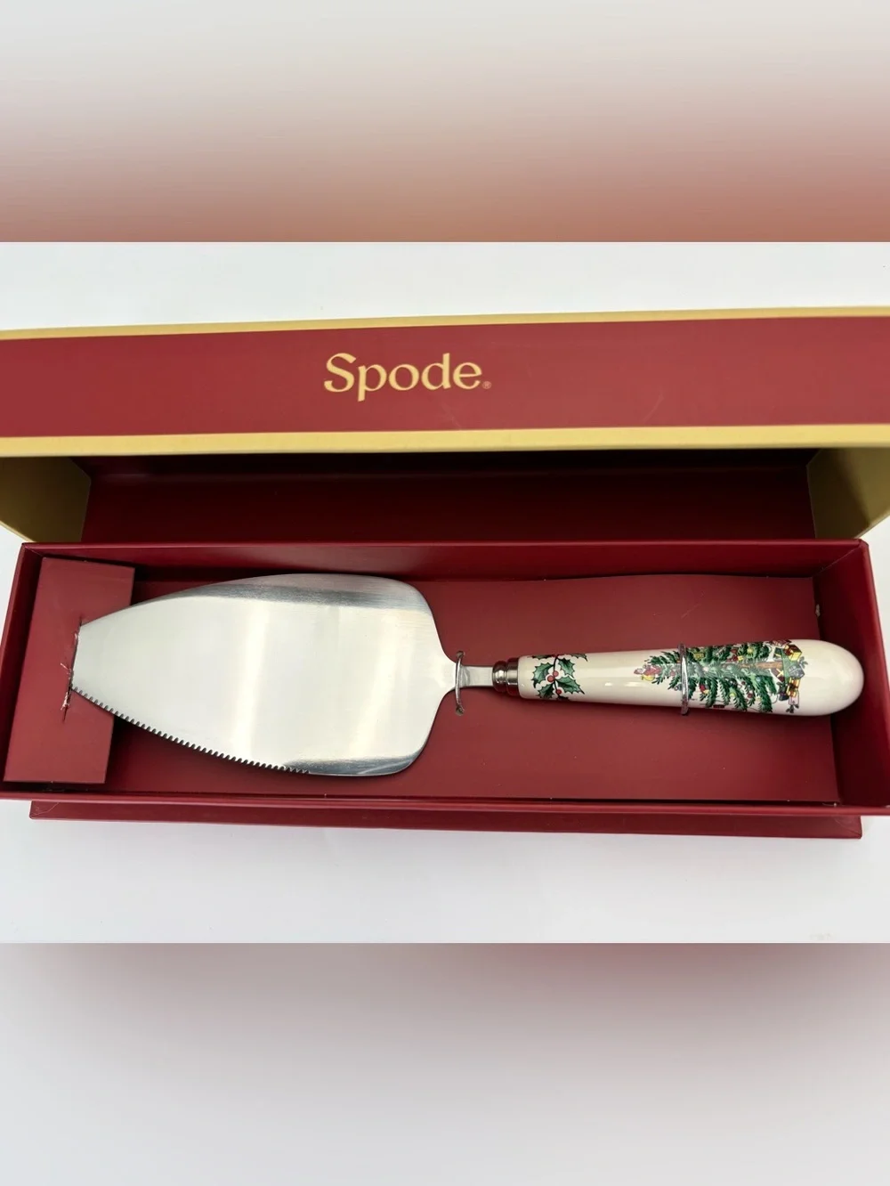 New in Box Spode Christmas Tree Cake Server with Green Tree Motif